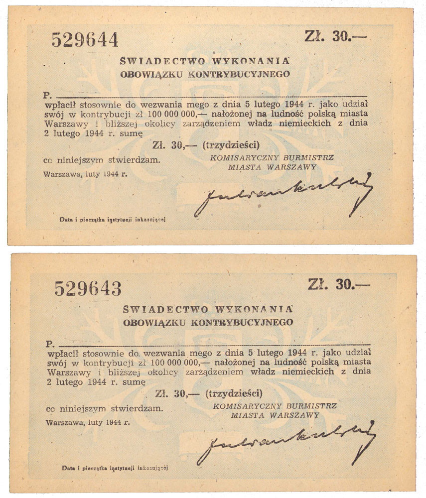 Polska, Świadectwo Wykonania Obowiązku Kontrybucyjnego 30 złotych 1944, zestaw 2 sztuk